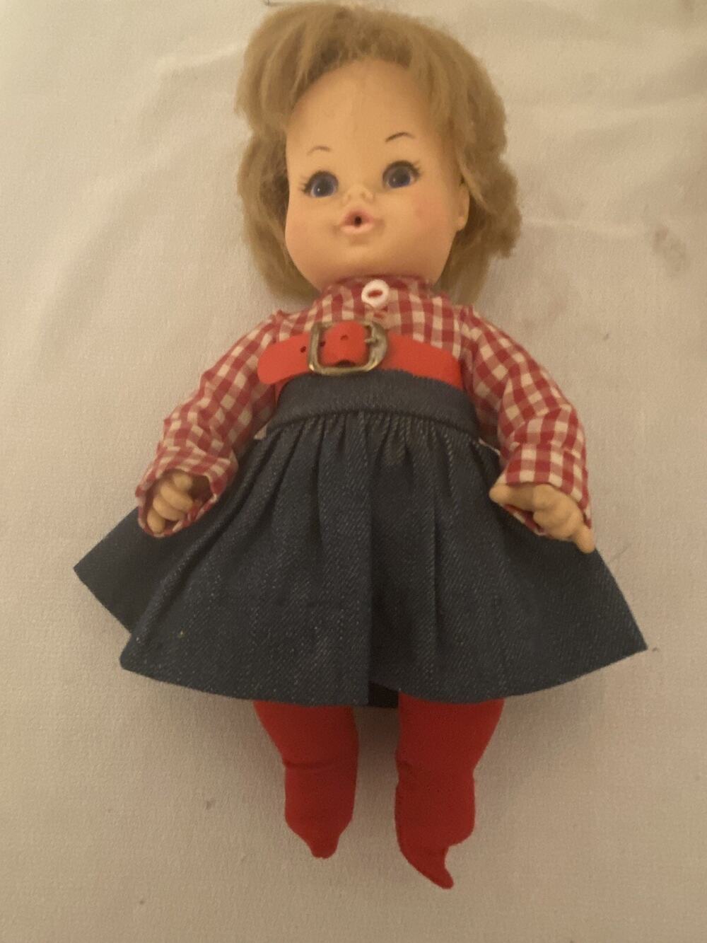 VTG Horsman Girl Doll Jean Dress Check 1974 70's Plastic Vinyl Inc. Baby 9"